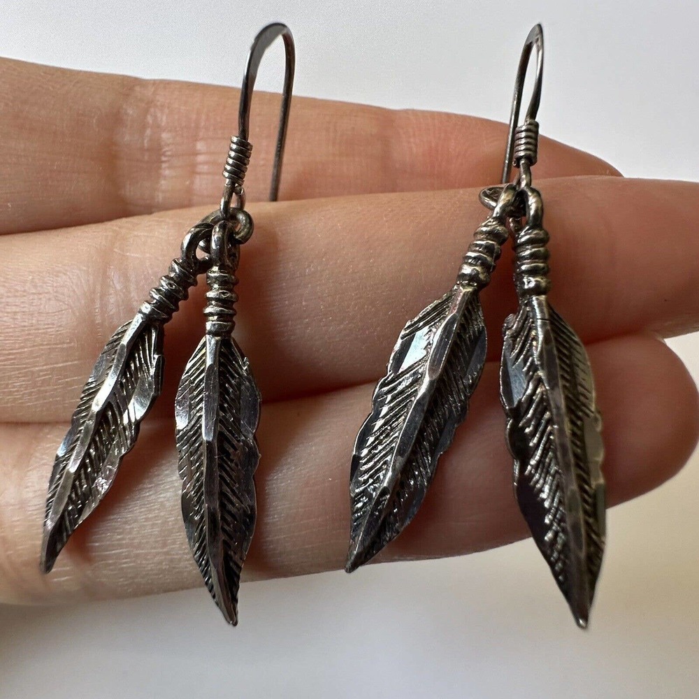 Vintage 925 Sterling Silver Earrings Drop Feathers Southwestern Style